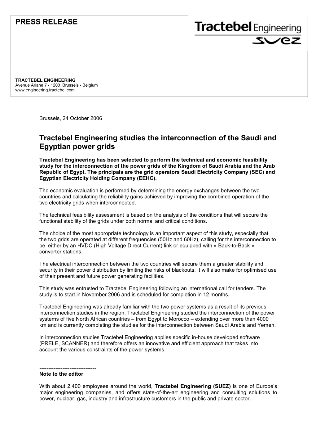 PRESS RELEASE Tractebel Engineering Studies the Interconnection of the Saudi and Egyptian Power Grids