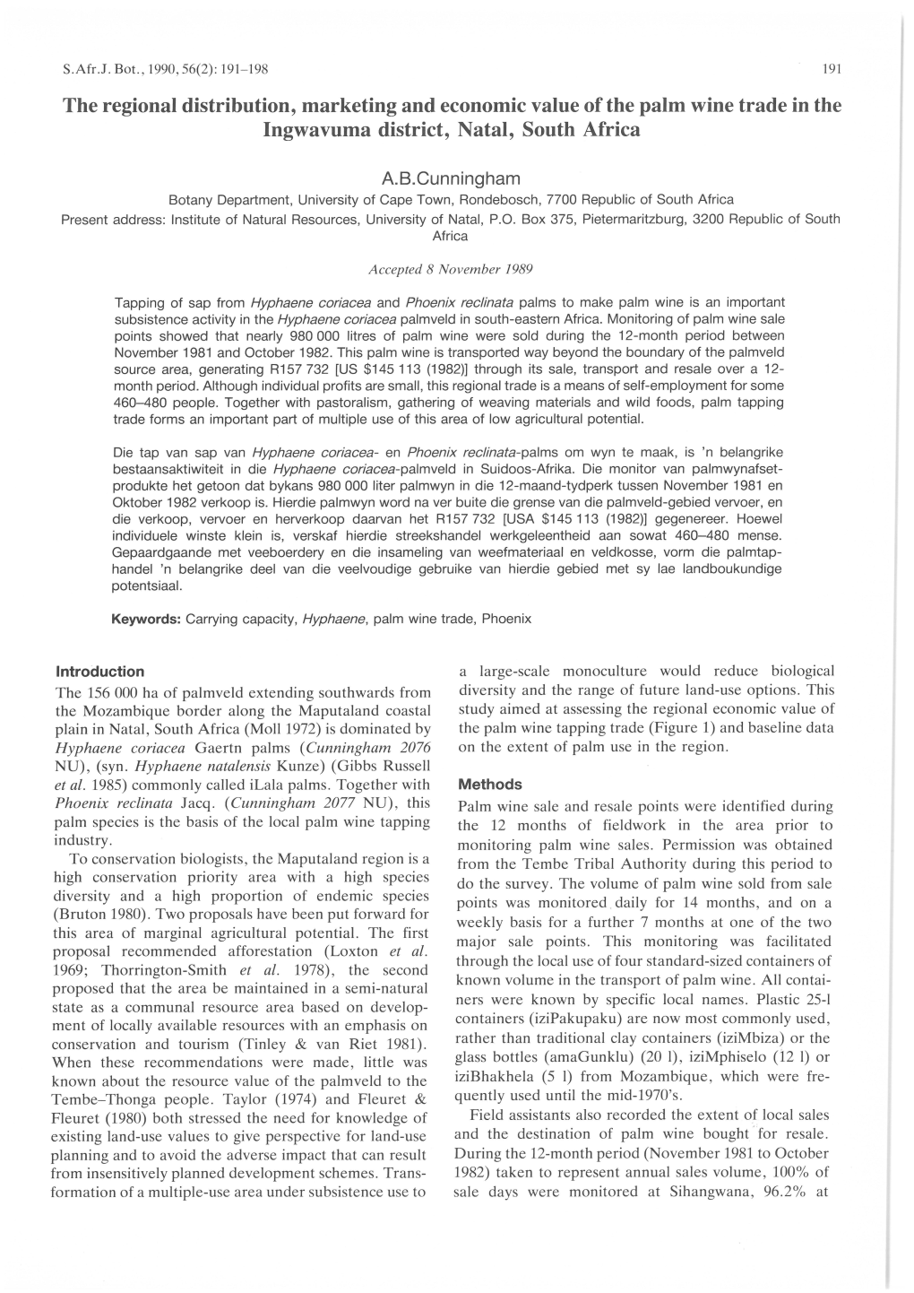 The Regional Distribution, Marketing and Economic Value of the Palm Wine Trade in the Ingwavuma District, Natal, South Africa