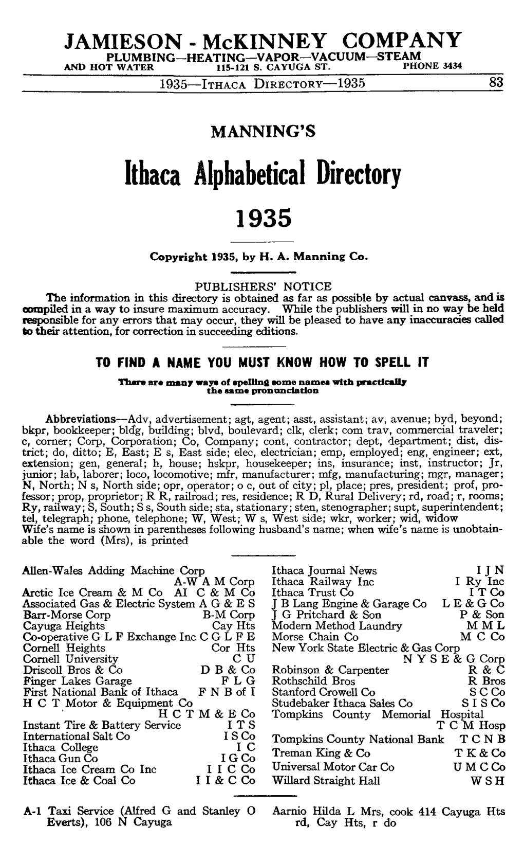 Ithaca Alphabetical Directory 1935