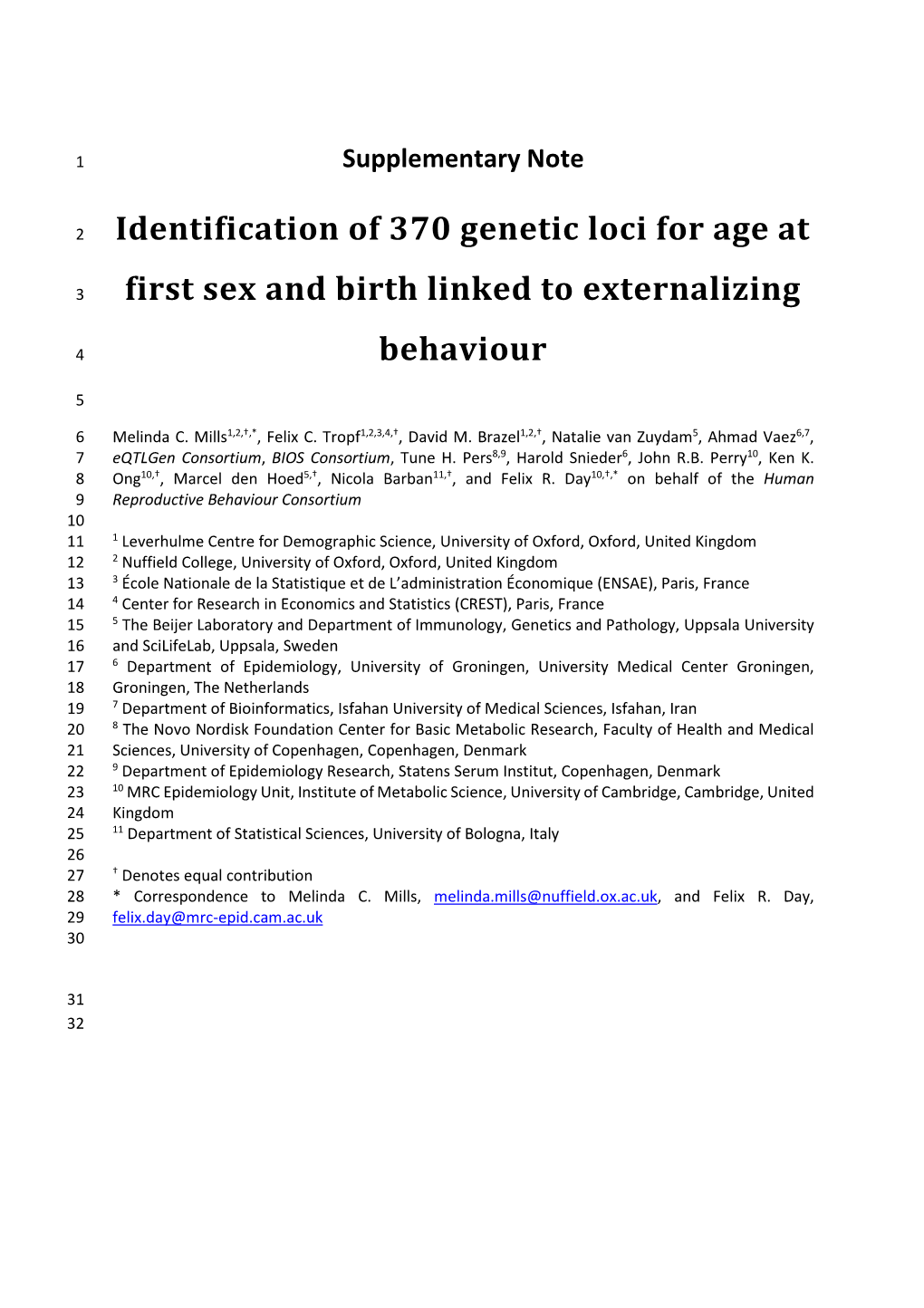 Identification of 370 Genetic Loci for Age at First Sex and Birth