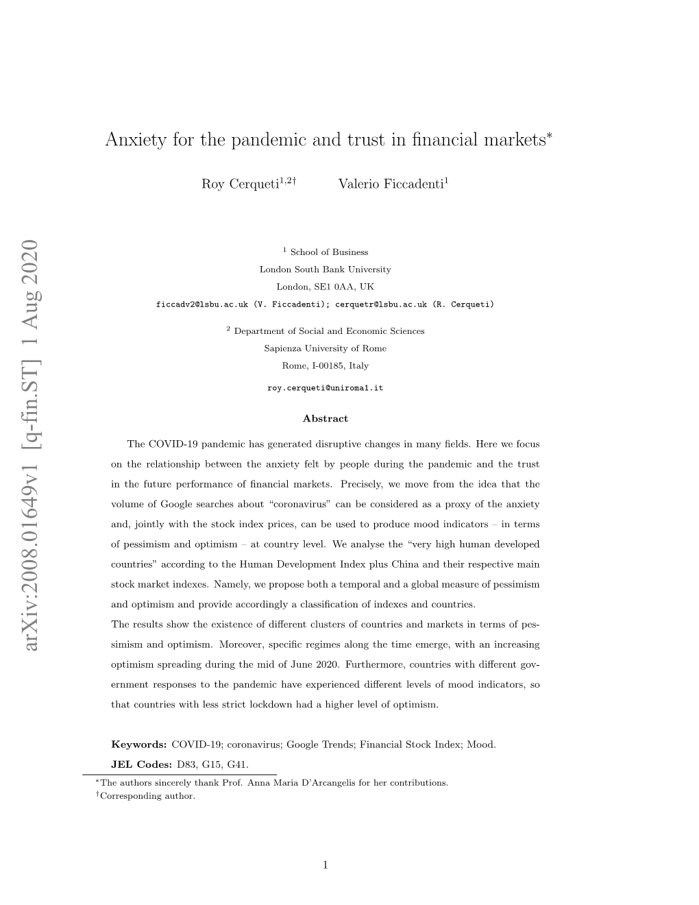 Anxiety for the Pandemic and Trust in Financial Markets