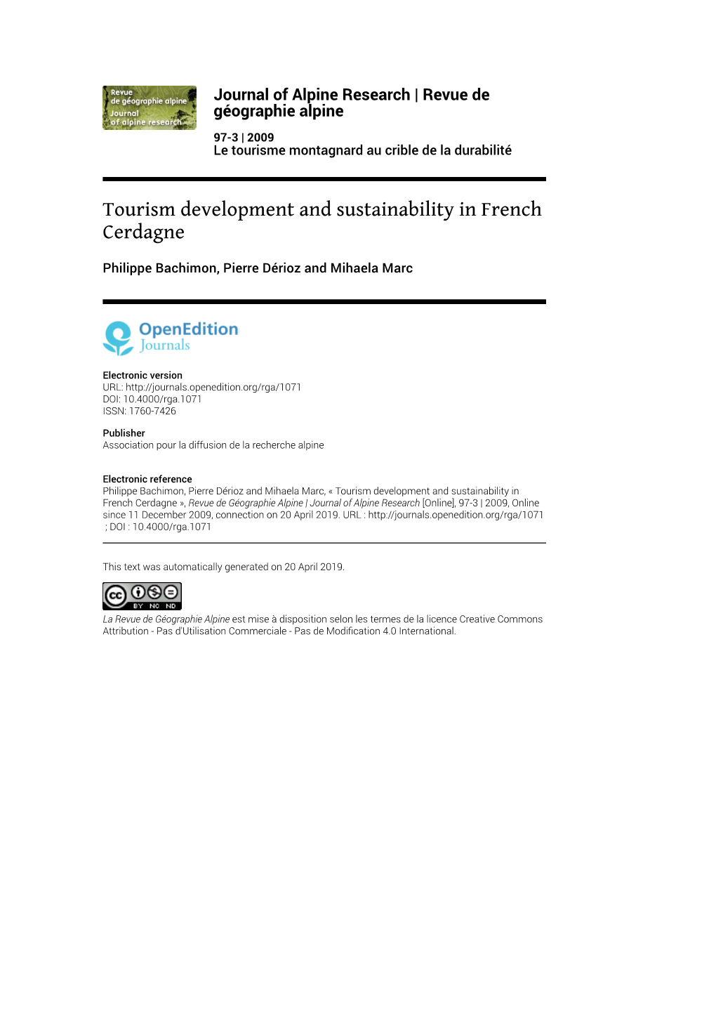 Revue De Géographie Alpine, 97-3 | 2009 Tourism Development and Sustainability in French Cerdagne 2