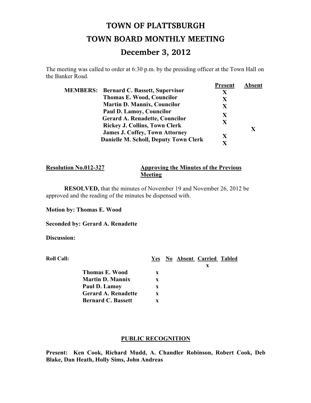 TOWN of PLATTSBURGH TOWN BOARD MONTHLY MEETING December 3, 2012