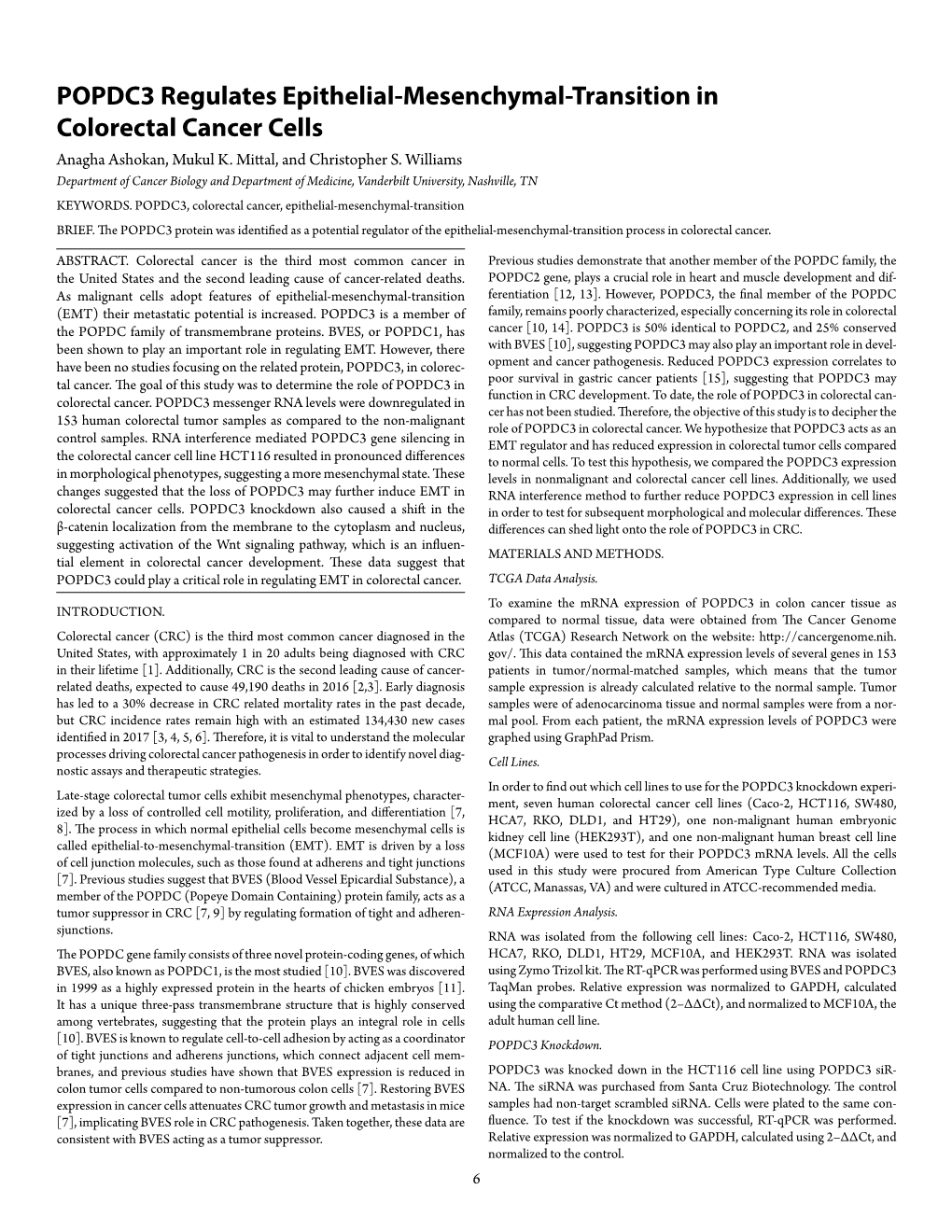 POPDC3 Regulates Epithelial-Mesenchymal-Transition in Colorectal Cancer Cells Anagha Ashokan, Mukul K