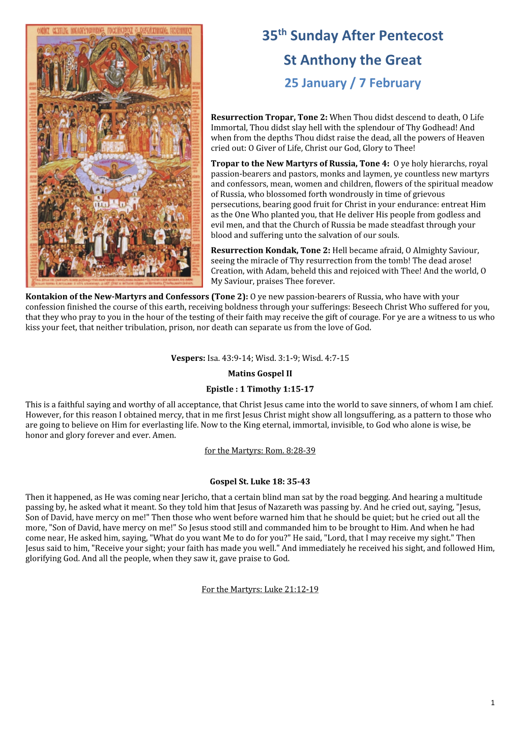 35Th Sunday After Pentecost St Anthony the Great 25 January / 7 February