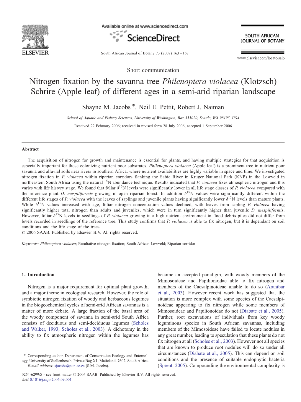 Nitrogen Fixation by the Savanna Tree Philenoptera Violacea (Klotzsch) Schrire (Apple Leaf) of Different Ages in a Semi-Arid Riparian Landscape ⁎ Shayne M