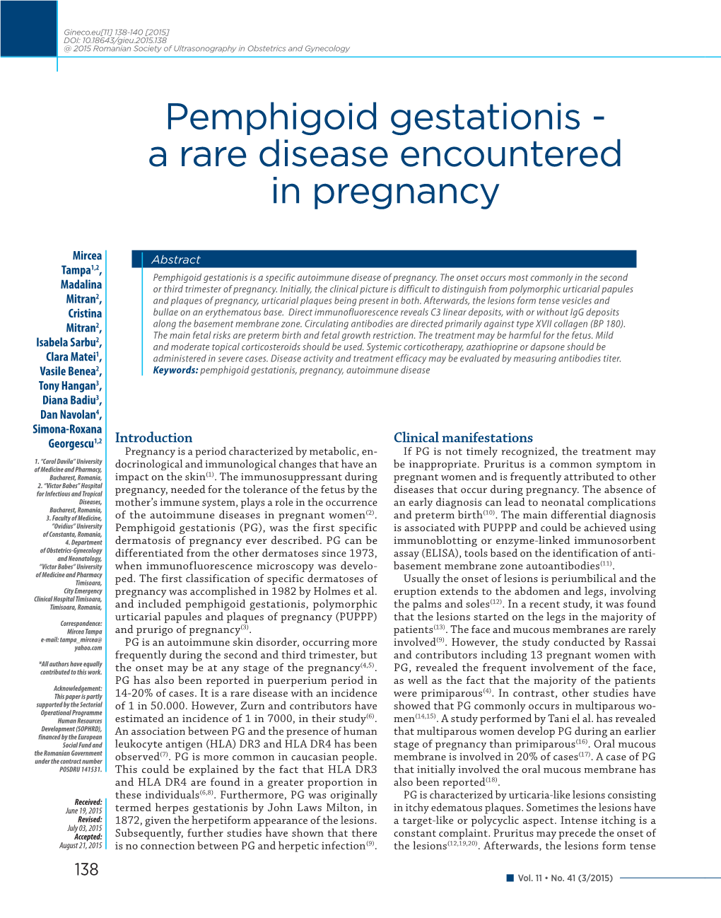 Pemphigoid Gestationis - a Rare Disease Encountered in Pregnancy