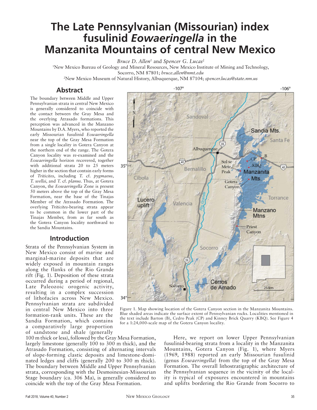 The Late Pennsylvanian (Missourian) Index Fusulinid Eowaeringella in the Manzanita Mountains of Central New Mexico Bruce D