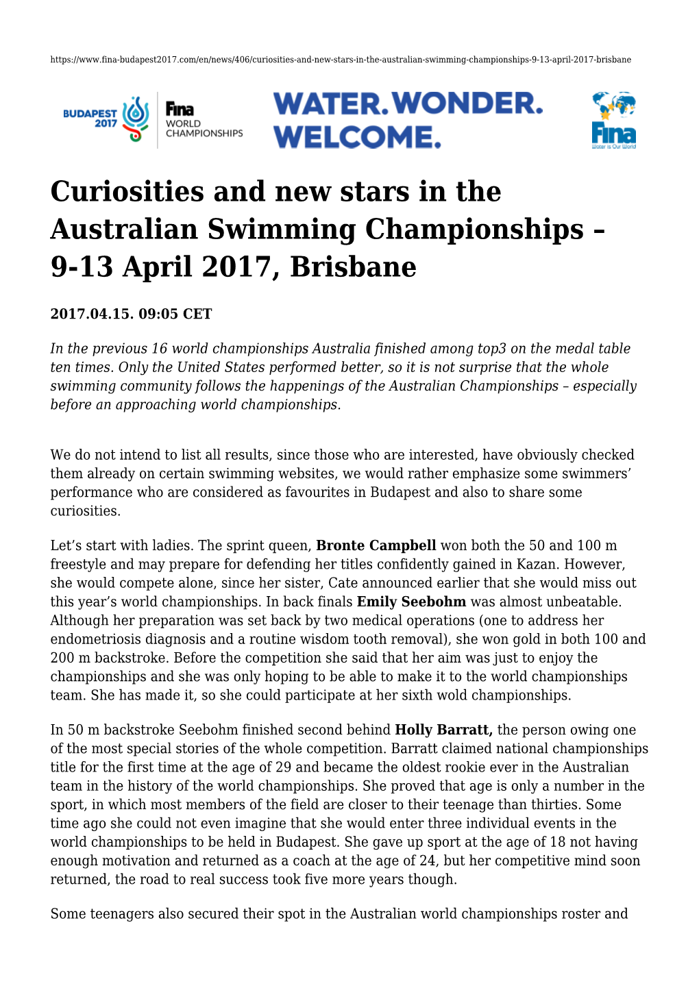 Curiosities and New Stars in the Australian Swimming Championships – 9-13 April 2017, Brisbane