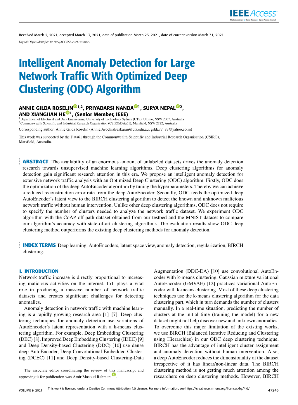 Intelligent Anomaly Detection for Large Network Traffic with Optimized Deep Clustering (ODC) Algorithm