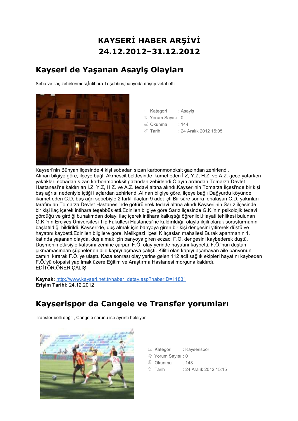 KAYSERĐ HABER ARŞĐVĐ 24.12.2012–31.12.2012 Kayseri De