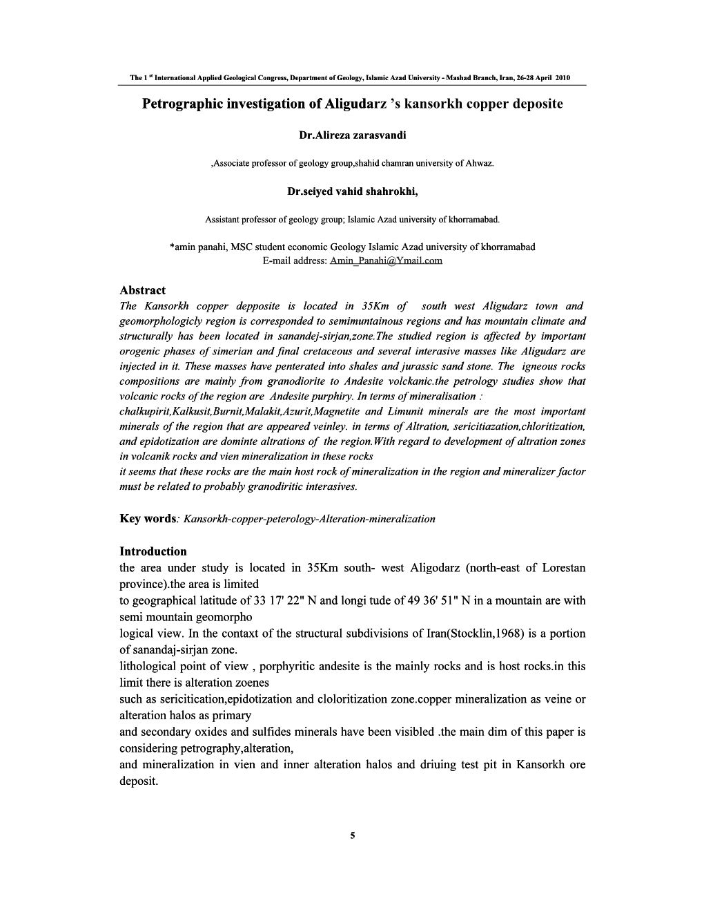 ۲.Petrographic Investigation of Aligudarz 'S Kansorkh Copper Deposite