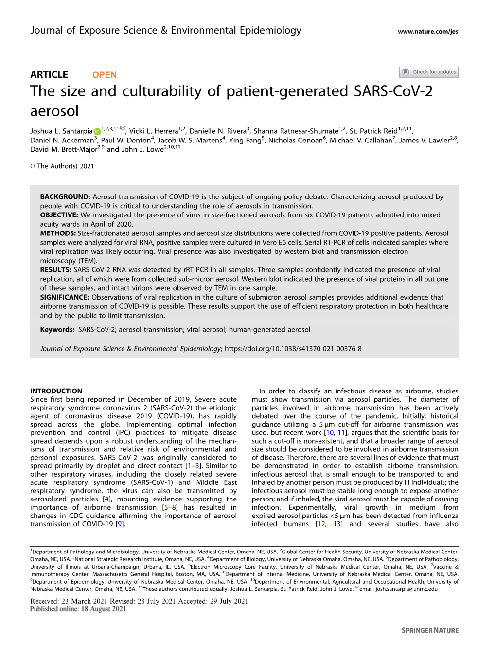 The Size and Culturability of Patient-Generated SARS-Cov-2 Aerosol ✉ Joshua L