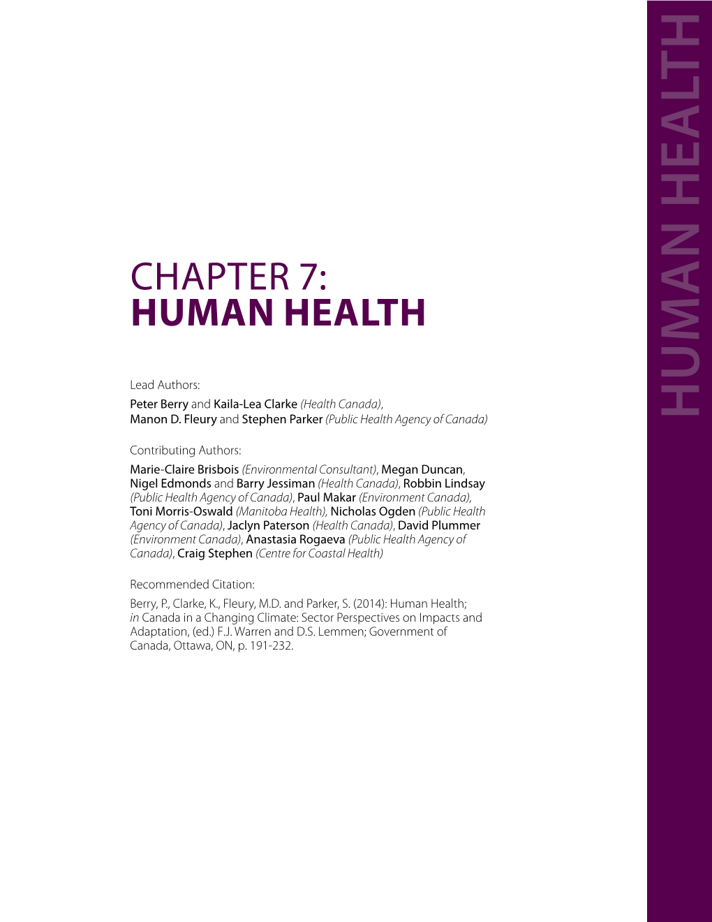 Chapter 7- Canada in a Changing Climate: Sector Perspectives On