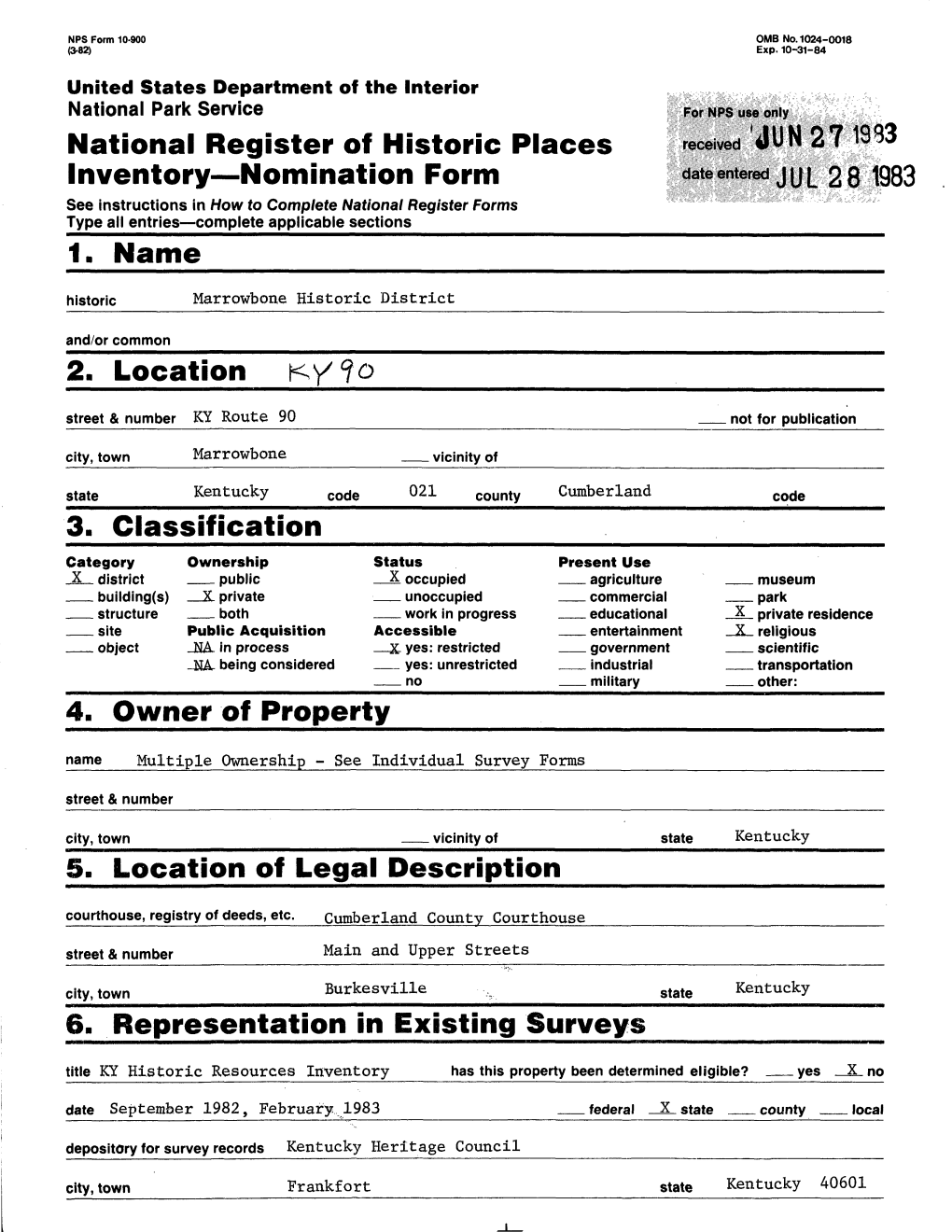 National Register of Historic Places Inventory Nomination Form 1. Name 2. Location R-Y'9o 3. Classification 4. Owner of Propert