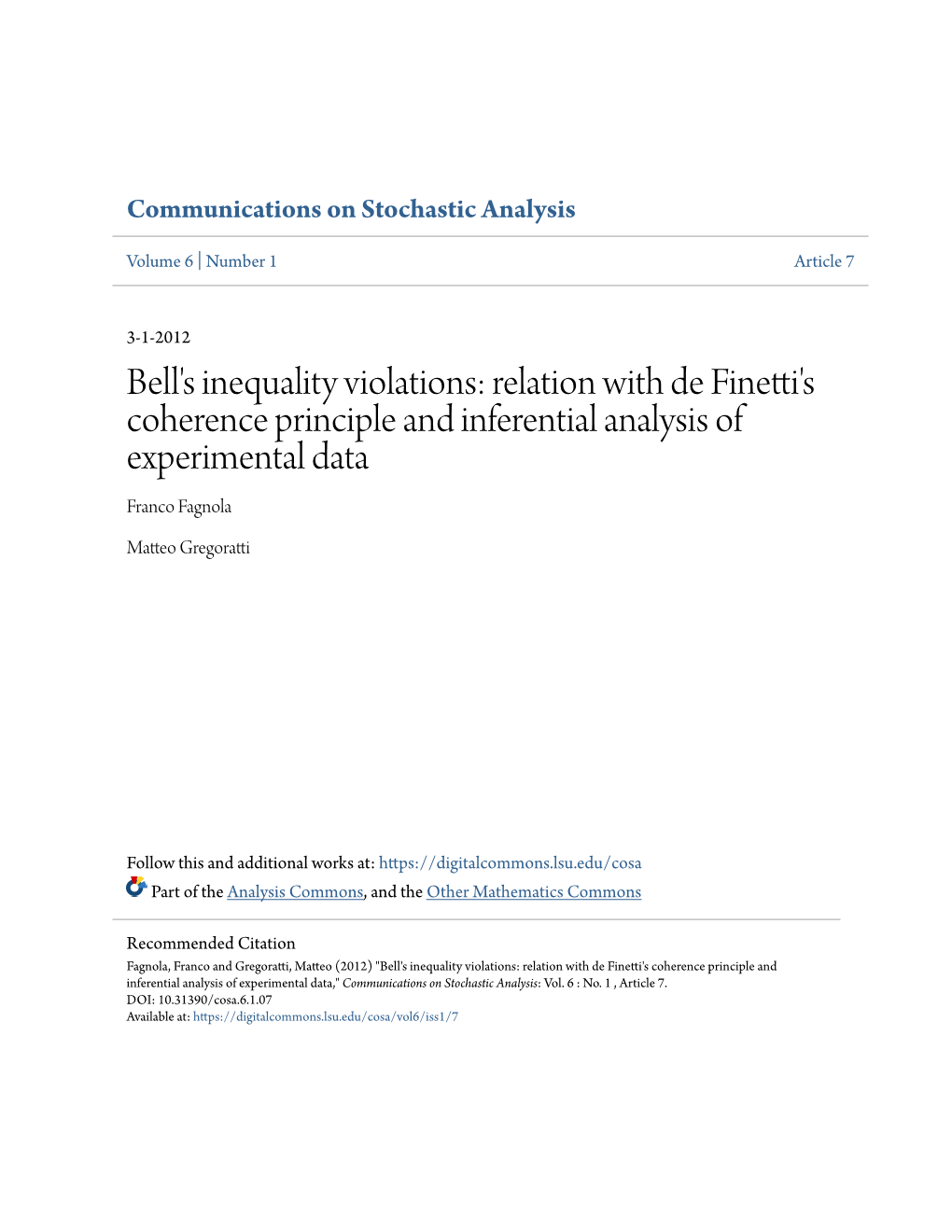 Bell's Inequality Violations: Relation with De Finetti's Coherence Principle and Inferential Analysis of Experimental Data Franco Fagnola