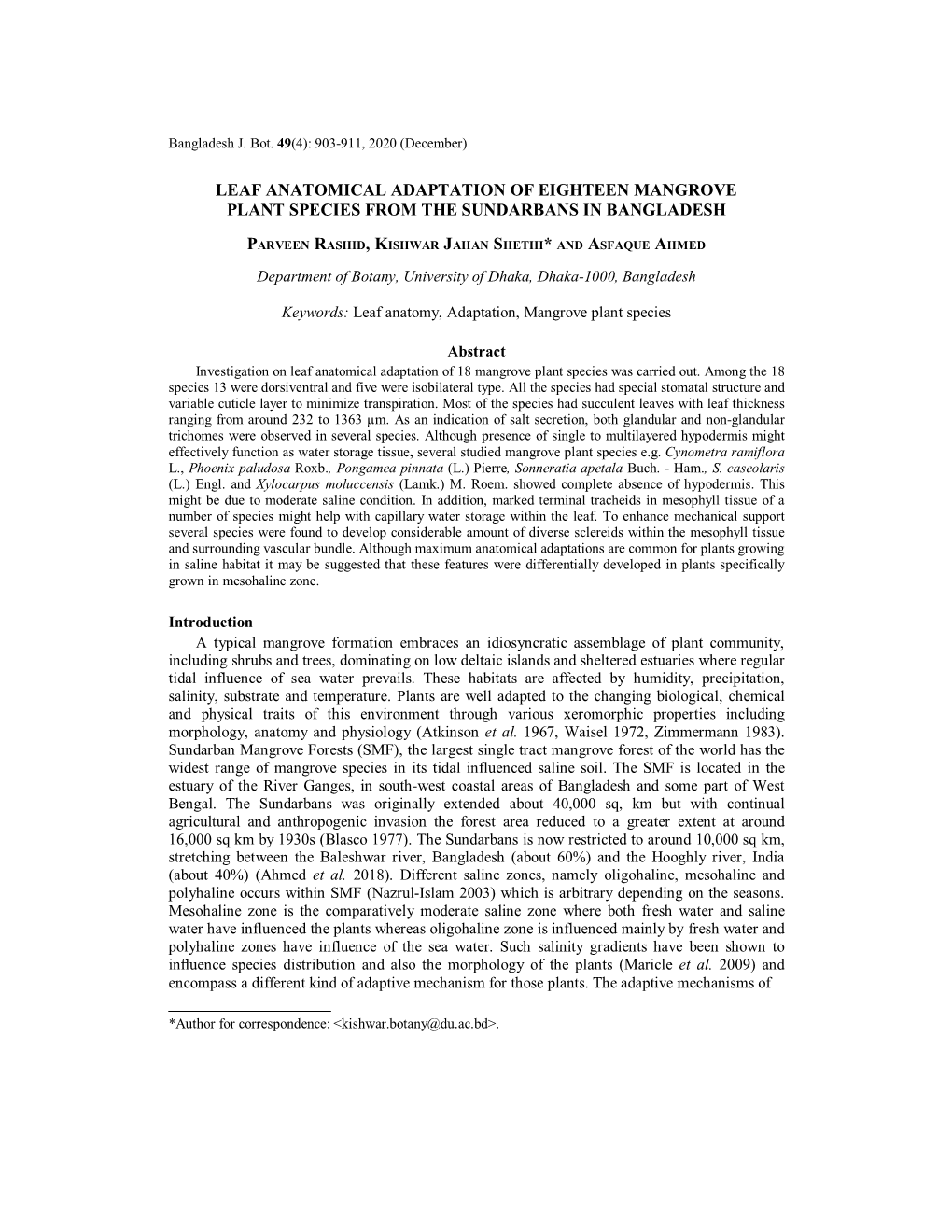 Leaf Anatomical Adaptation of Eighteen Mangrove Plant Species from the Sundarbans in Bangladesh