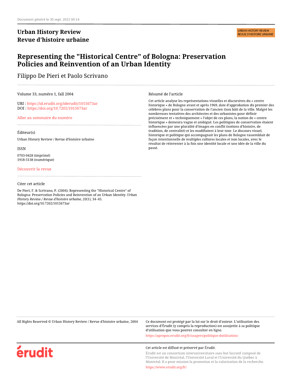 Of Bologna: Preservation Policies and Reinvention of an Urban Identity Filippo De Pieri Et Paolo Scrivano