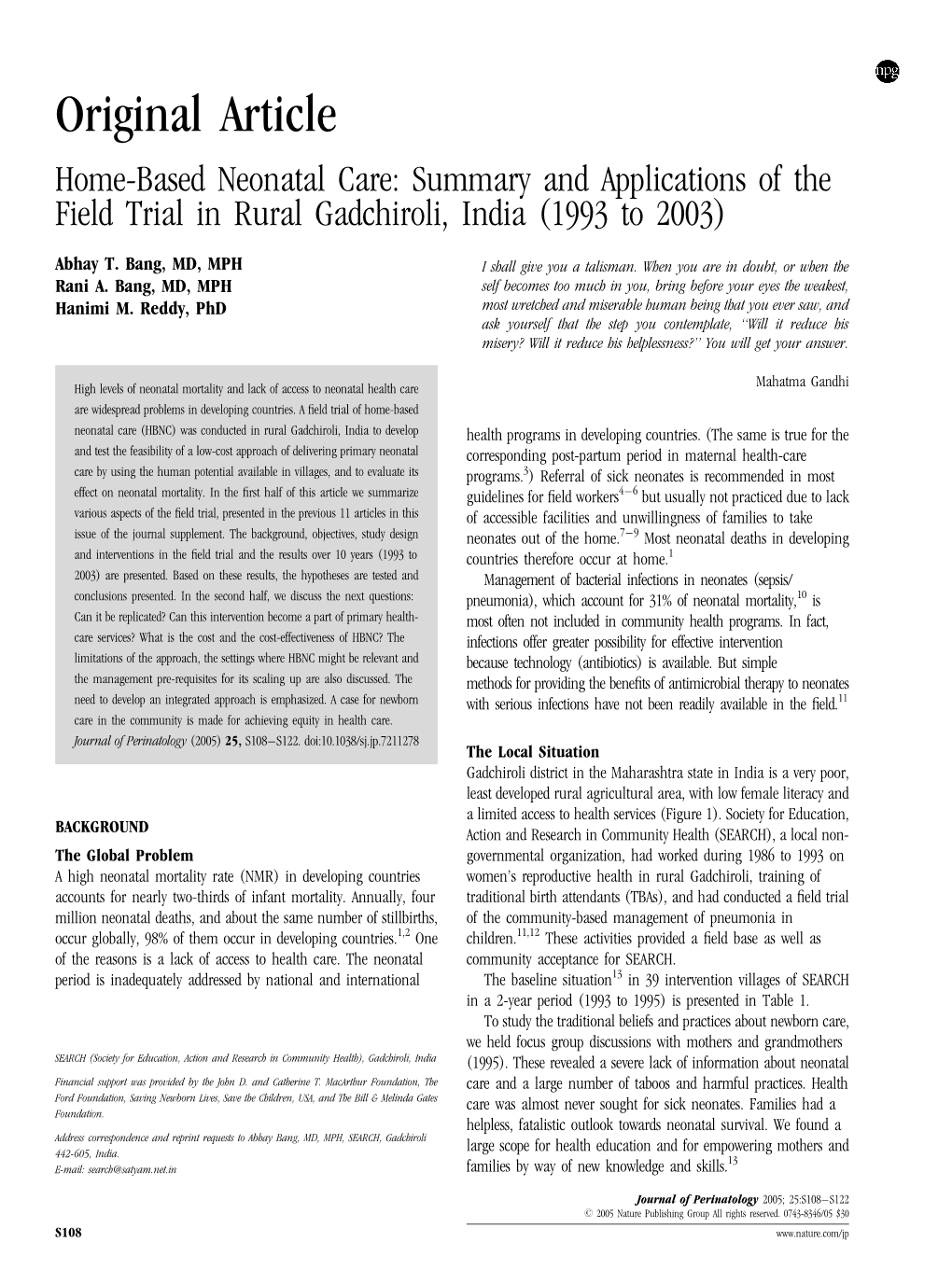 Home-Based Neonatal Care: Summary and Applications of the Field Trial in Rural Gadchiroli, India (1993 to 2003)