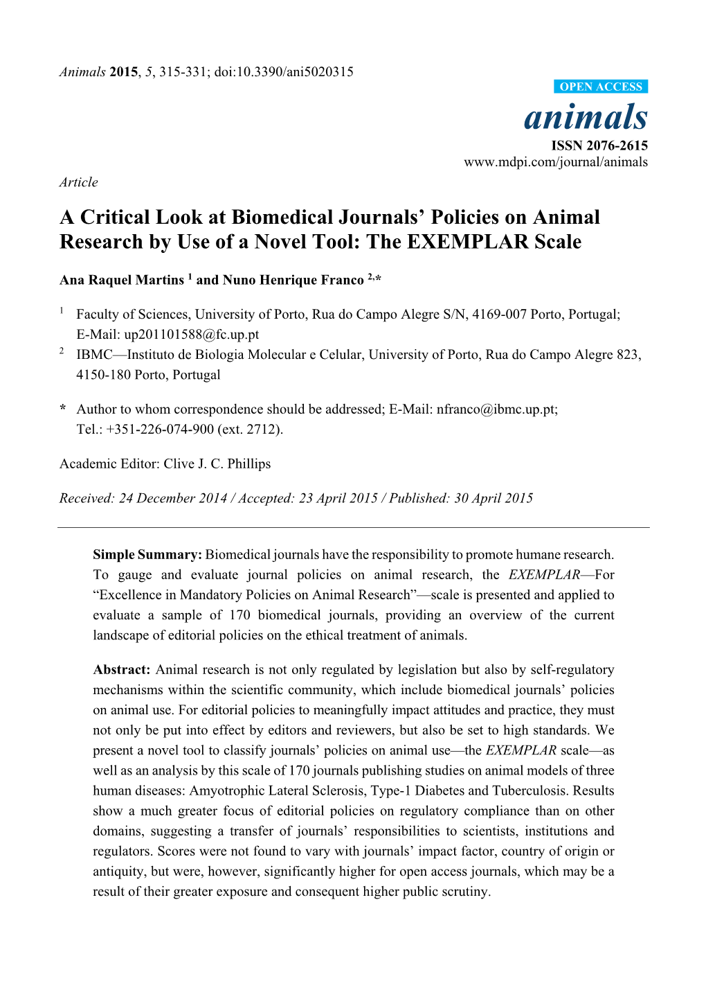 A Critical Look at Biomedical Journals' Policies on Animal