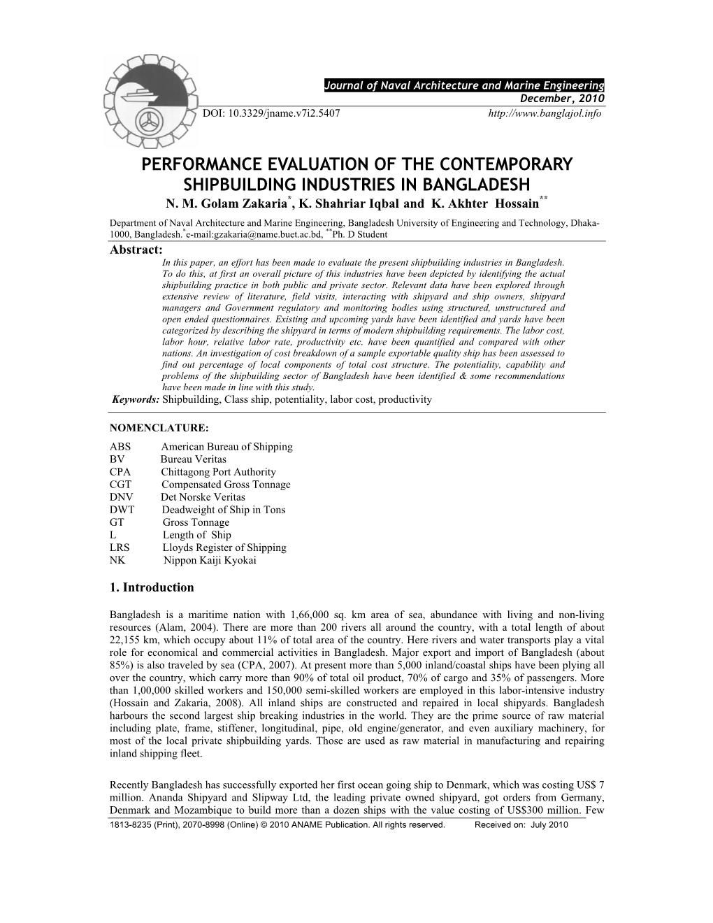 Performance Evaluation of the Contemporary Shipbuilding Industries in Bangladesh N