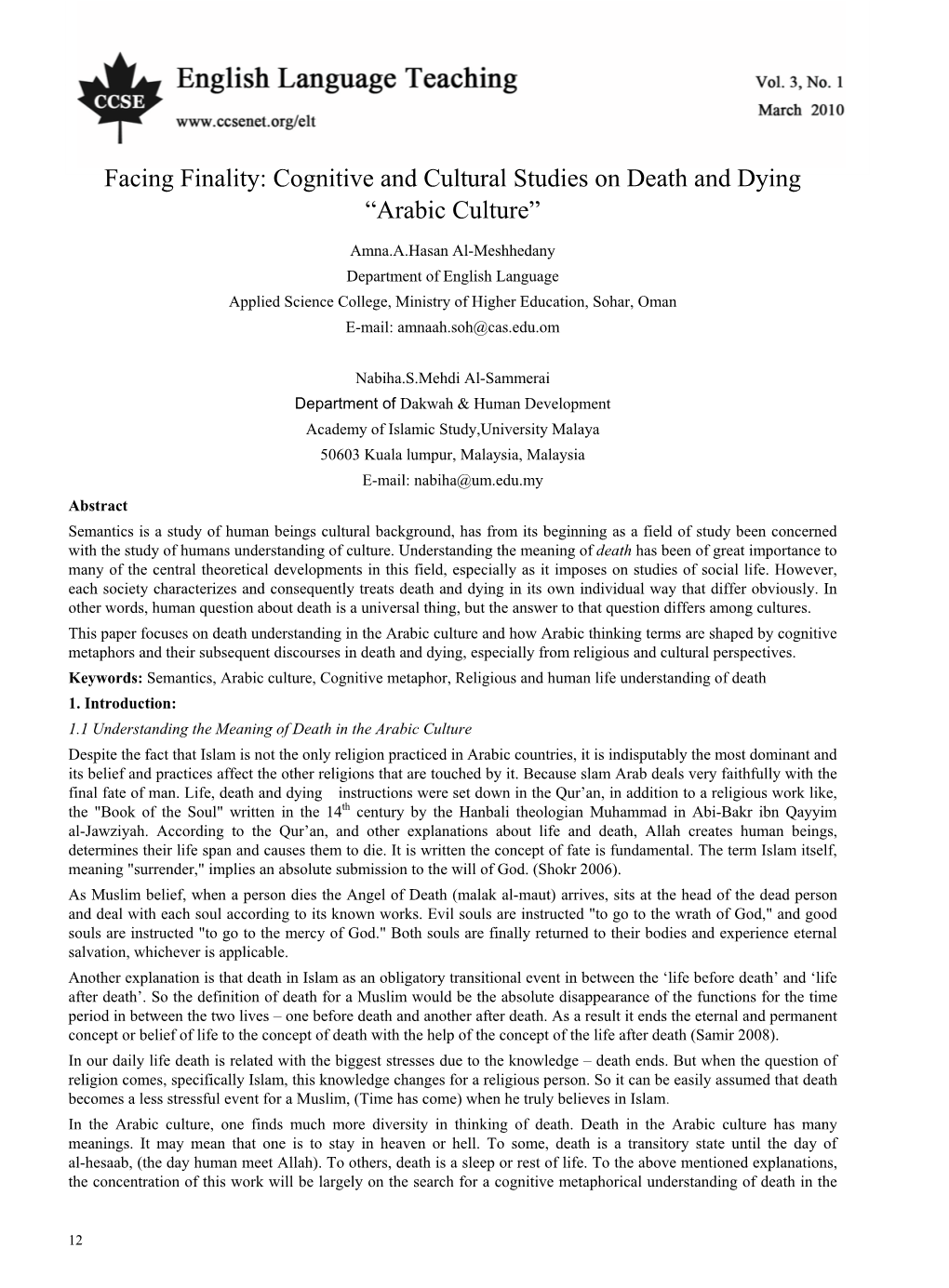 Facing Finality: Cognitive and Cultural Studies on Death and Dying “Arabic Culture”