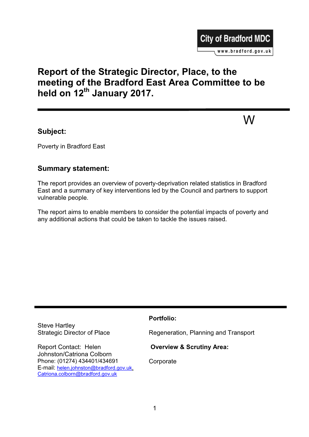 Report of the Strategic Director, Place, to the Meeting of the Bradford East Area Committee to Be Held on 12Th January 2017