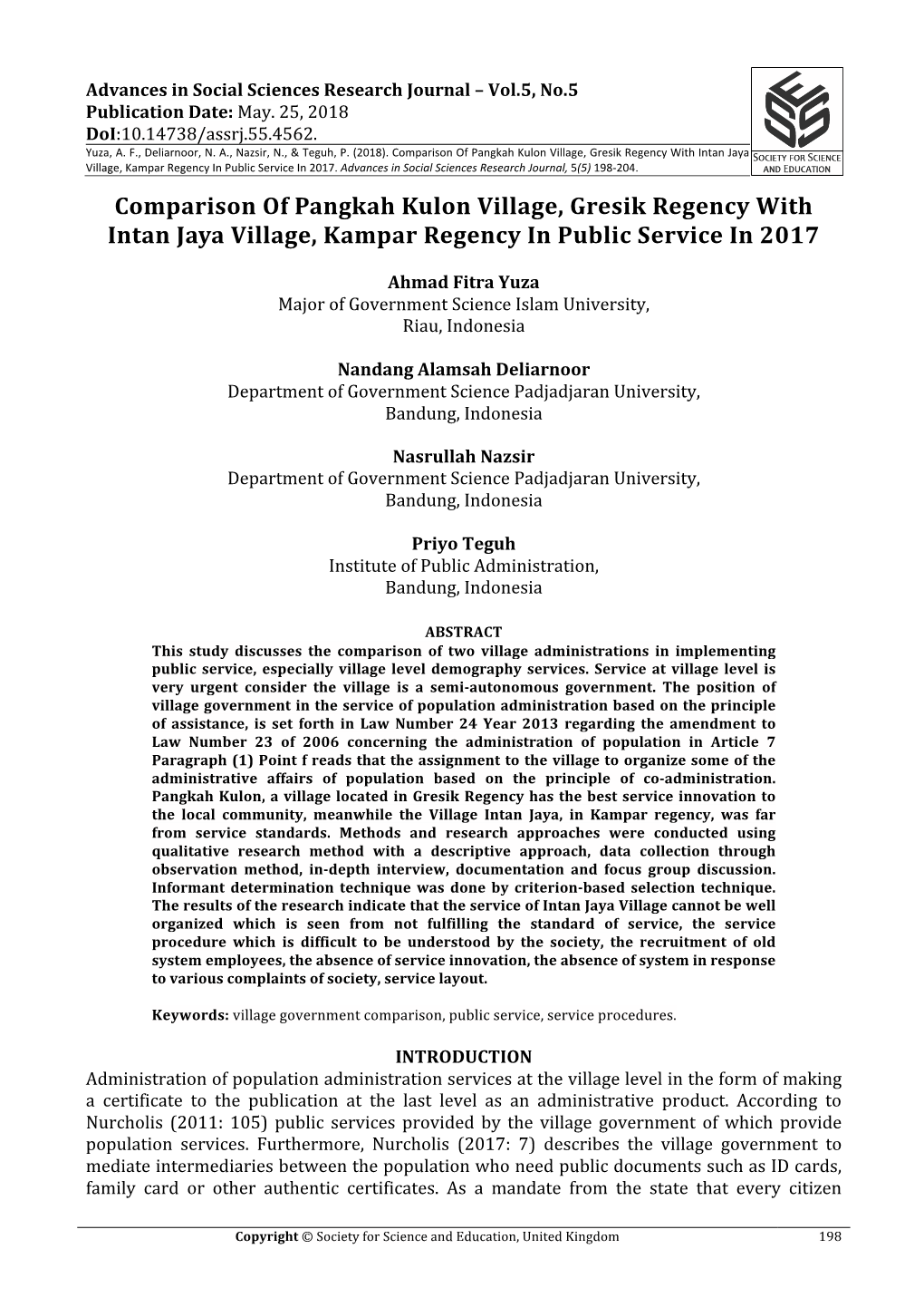 Comparison of Pangkah Kulon Village, Gresik Regency with Intan Jaya Village, Kampar Regency in Public Service in 2017