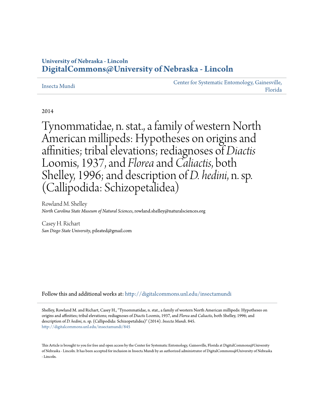 Tynommatidae, N. Stat., a Family of Western North American Millipeds