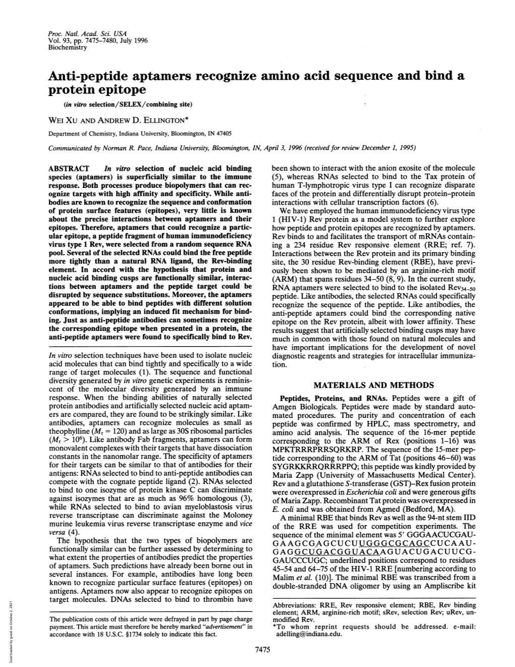 Protein Epitope (In Vitro Selection/SELEX/Combining Site) WEI XU and ANDREW D