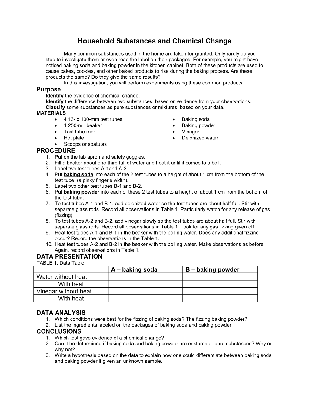 Household Substances and Chemical Change