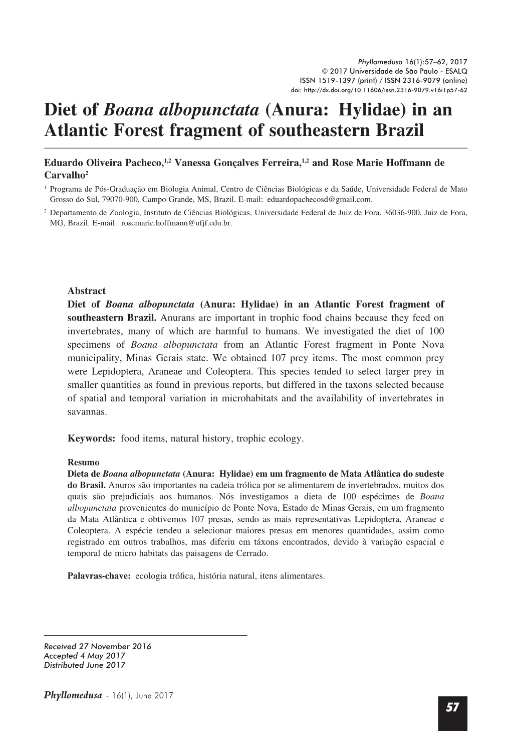 Diet of Boana Albopunctata (Anura: Hylidae) in an Atlantic Forest Fragment of Southeastern Brazil