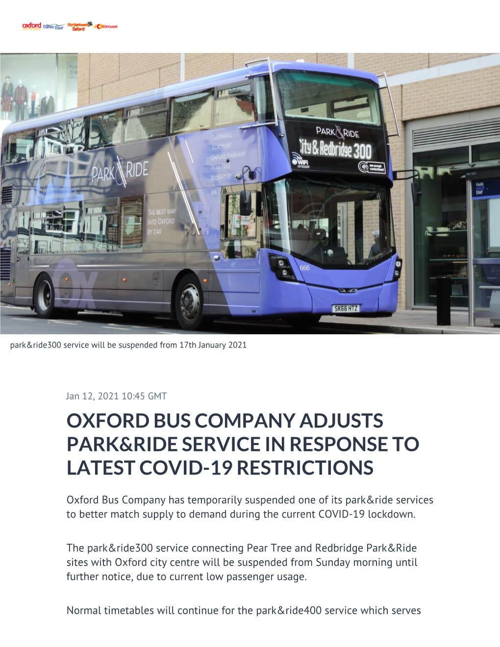 Oxford Bus Company Adjusts Park&Ride Service In