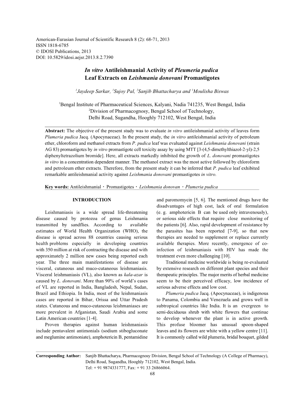 In Vitro Antileishmanial Activity of Pleumeria Pudica Leaf Extracts on Leishmania Donovani Promastigotes