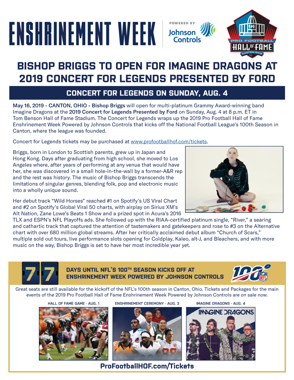 Bishop Briggs to Open for Imagine Dragons at 2019 Concert for Legends Presented by Ford Concert for Legends on Sunday, Aug