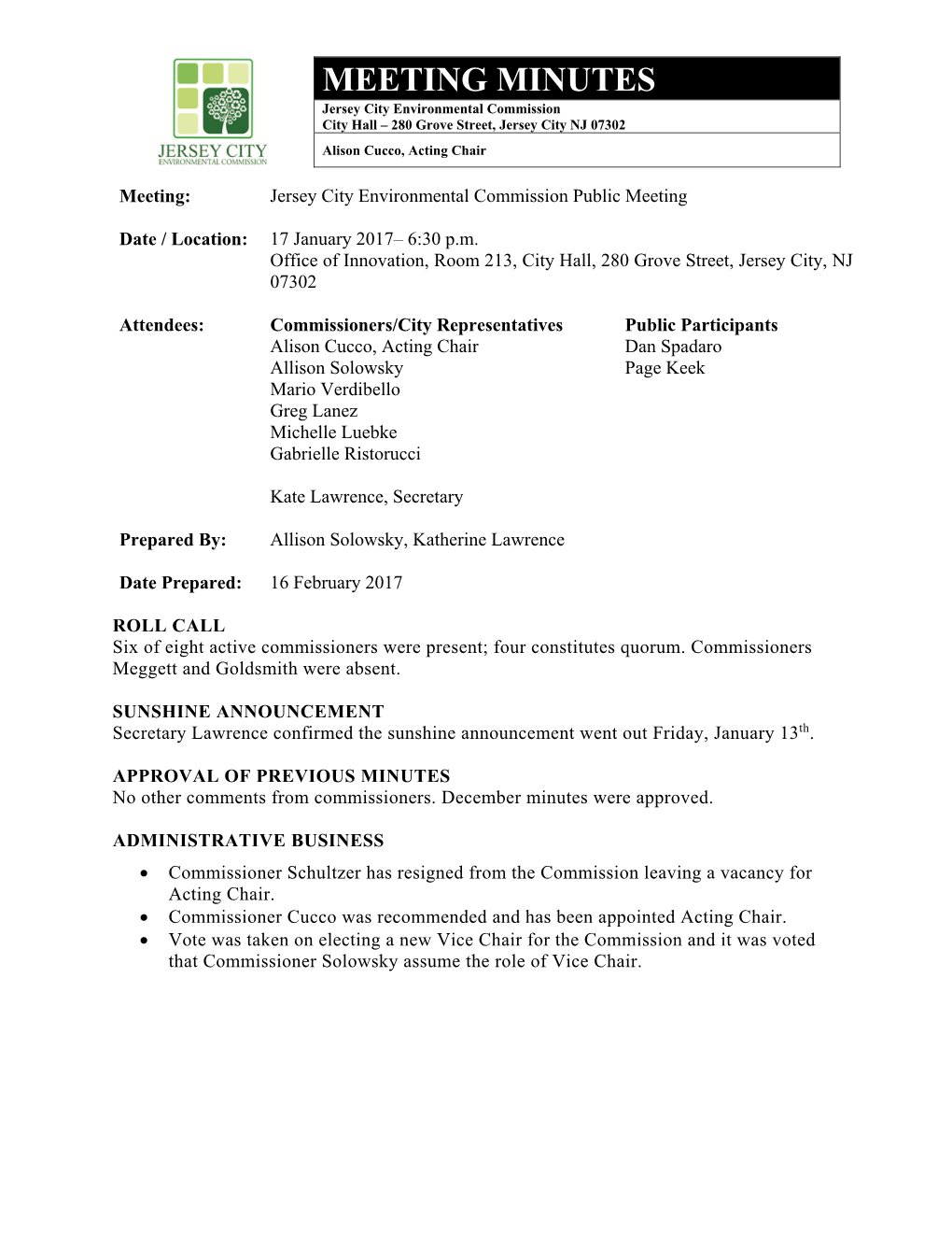 MEETING MINUTES Jersey City Environmental Commission City Hall – 280 Grove Street, Jersey City NJ 07302 Alison Cucco, Acting Chair