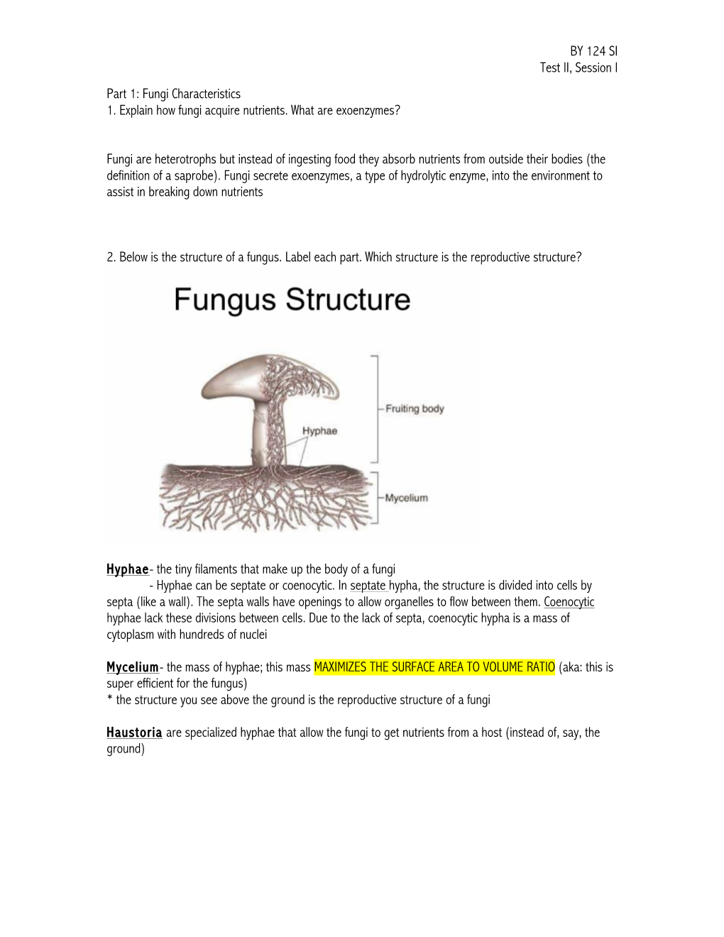 BY 124 SI Test II, Session I Part 1: Fungi Characteristics 1