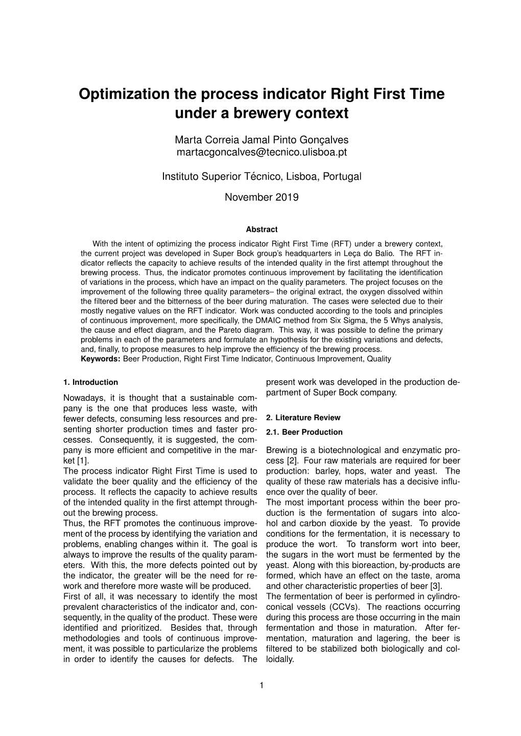 Optimization the Process Indicator Right First Time Under a Brewery Context