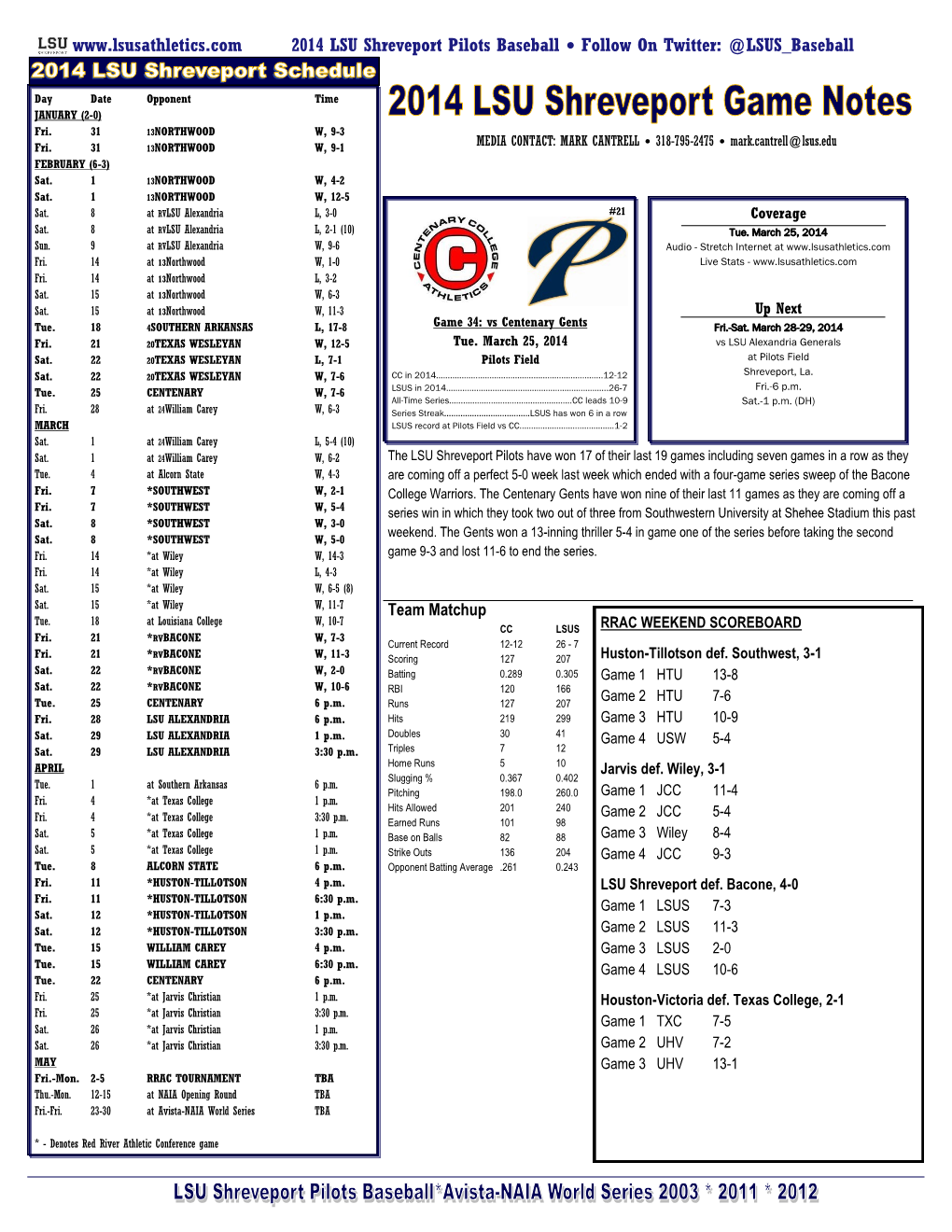 2014 LSU Shreveport Pilots Baseball • Follow on Twitter: @LSUS Baseball