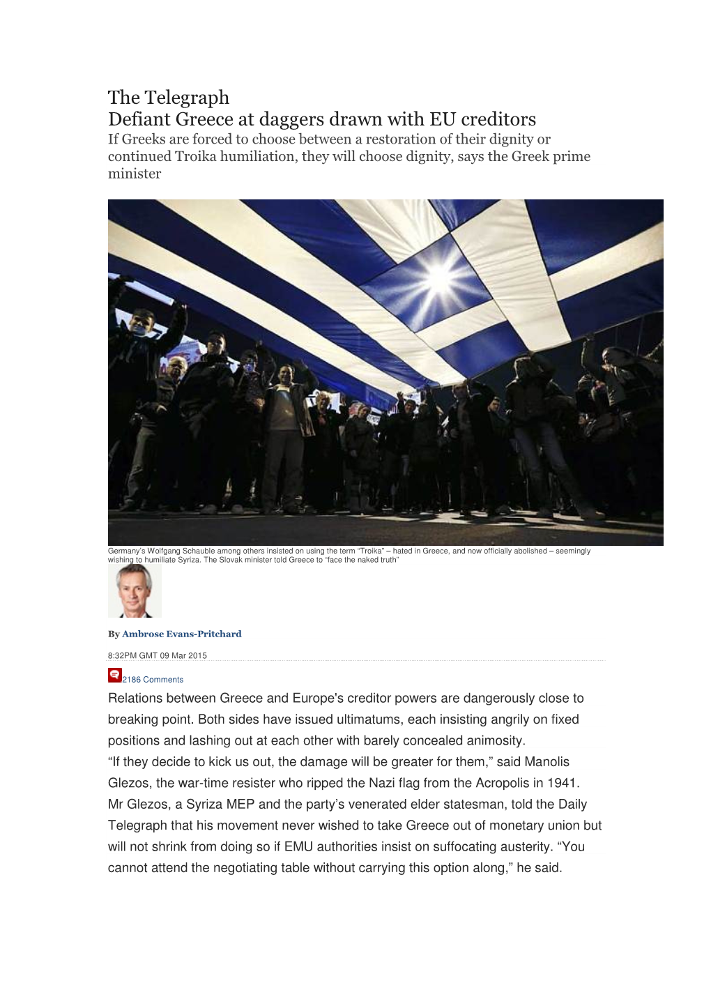 The Telegraph Defiant Greece at Daggers Drawn with EU Creditors
