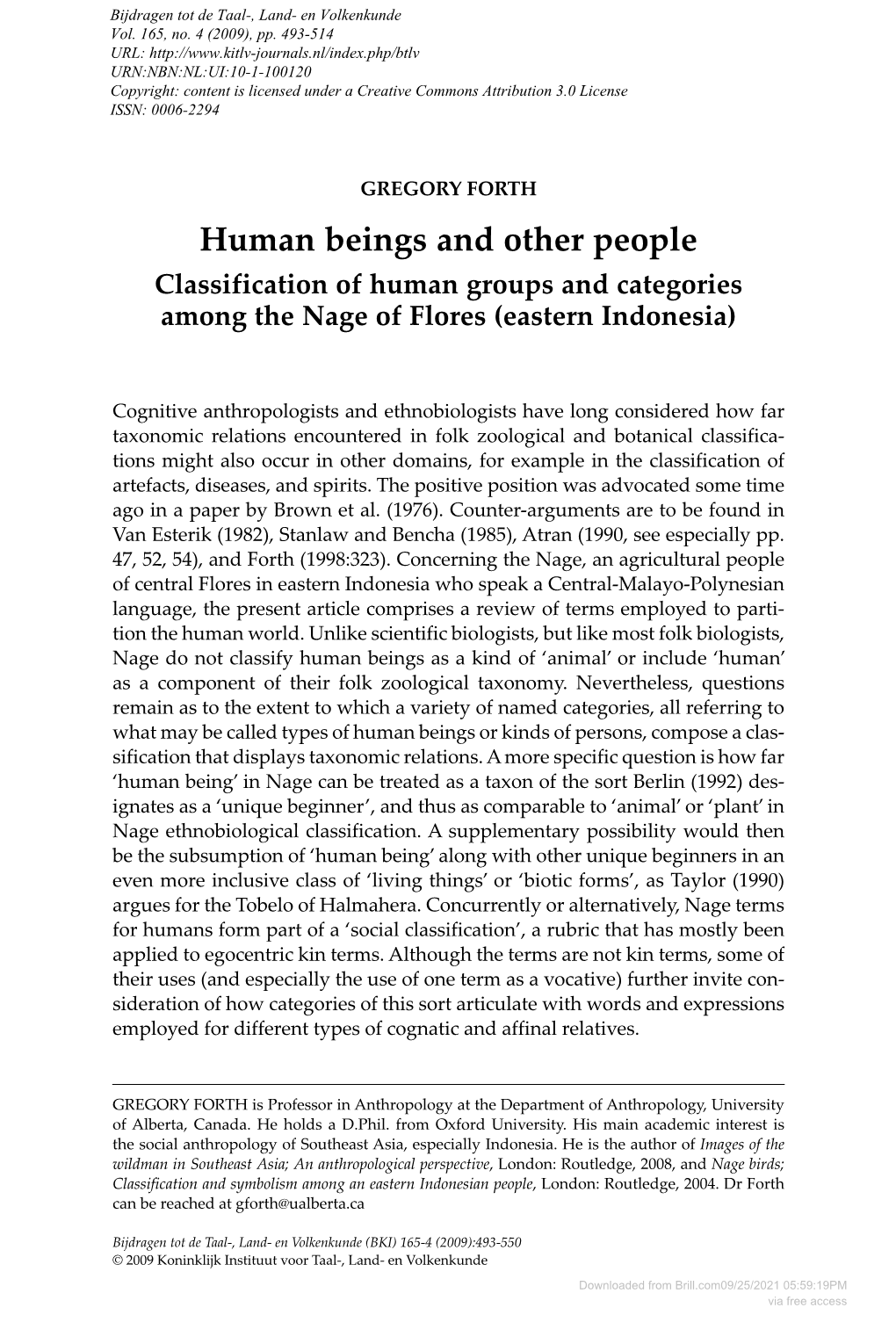 Human Beings and Other People Classification of Human Groups and Categories Among the Nage of Flores (Eastern Indonesia)