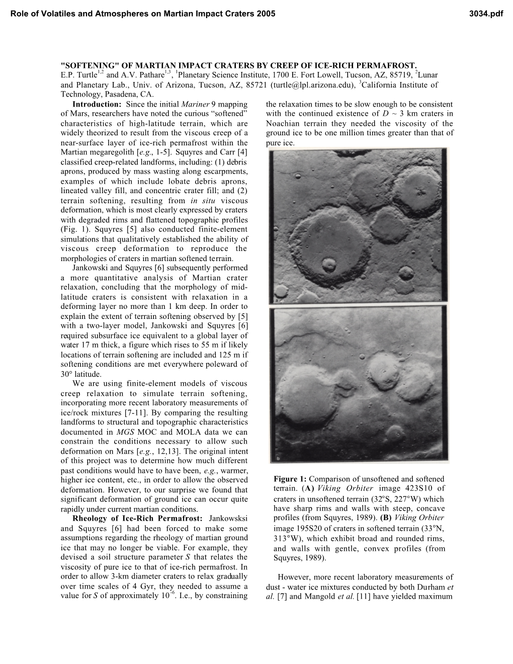 OF MARTIAN IMPACT CRATERS by CREEP of ICE-RICH PERMAFROST. EP Turtle1,2 and AV Pathare1,3, 1Planetary