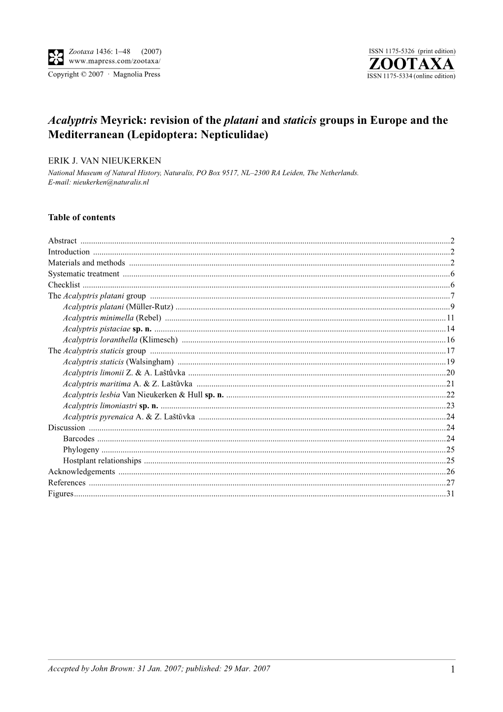 Zootaxa 1436: 1–48 (2007) ISSN 1175-5326 (Print Edition) ZOOTAXA Copyright © 2007 · Magnolia Press ISSN 1175-5334 (Online Edition)