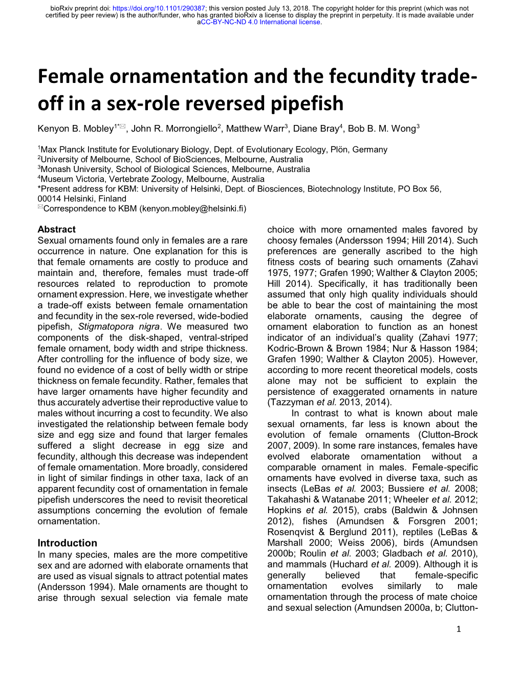 Female Ornamentation and the Fecundity Trade-Off in a Sex-Role