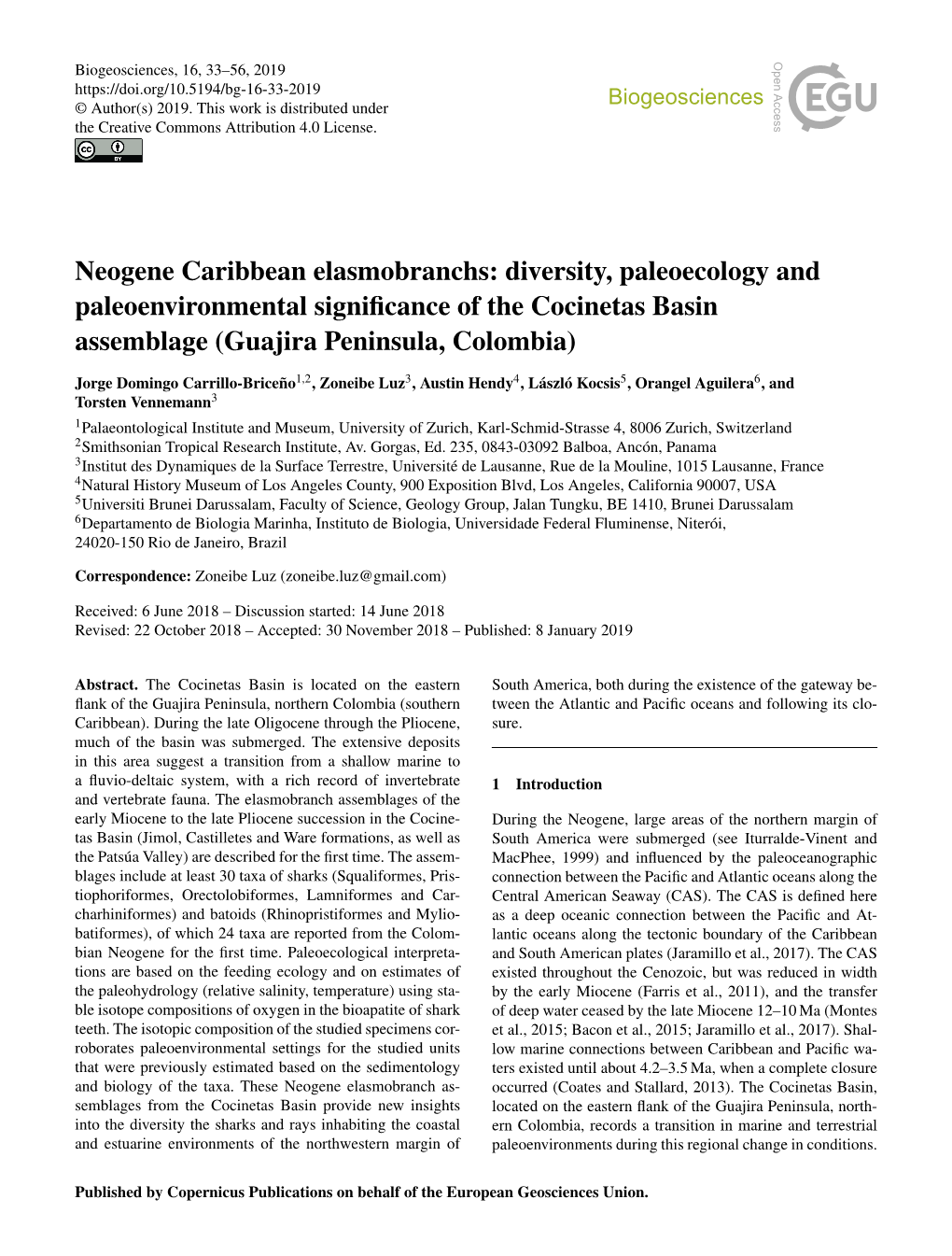 Neogene Caribbean Elasmobranchs: Diversity, Paleoecology and Paleoenvironmental Significance of the Cocinetas Basin Assemblage (