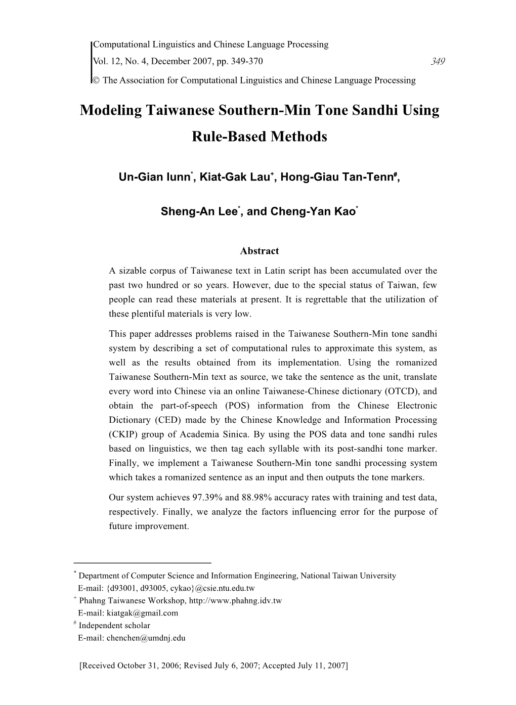 Modeling Taiwanese Southern-Min Tone Sandhi Using Rule-Based Methods