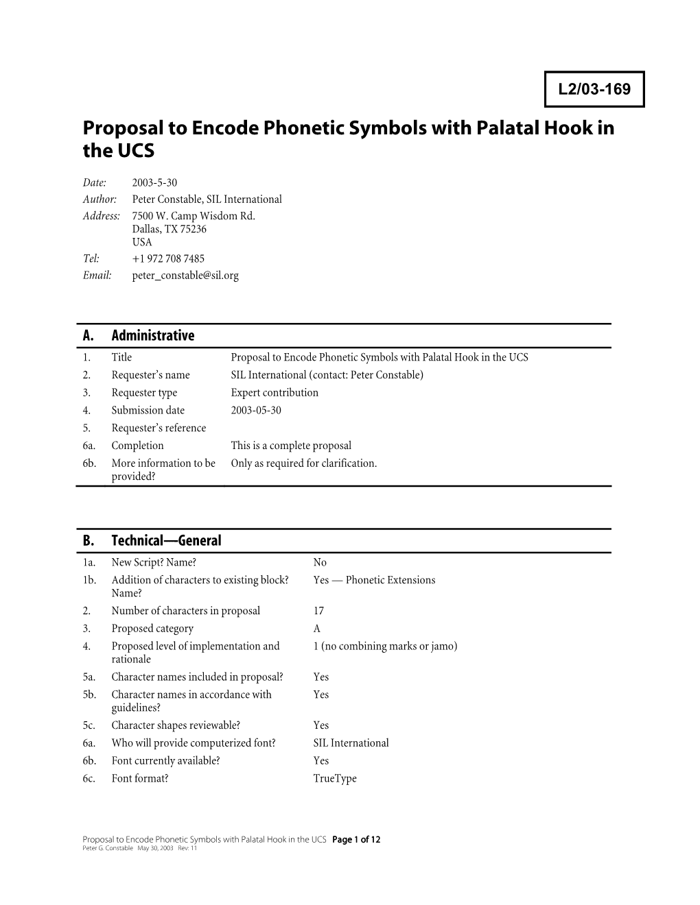 Proposal to Encode Phonetic Symbols with Palatal Hook in the UCS