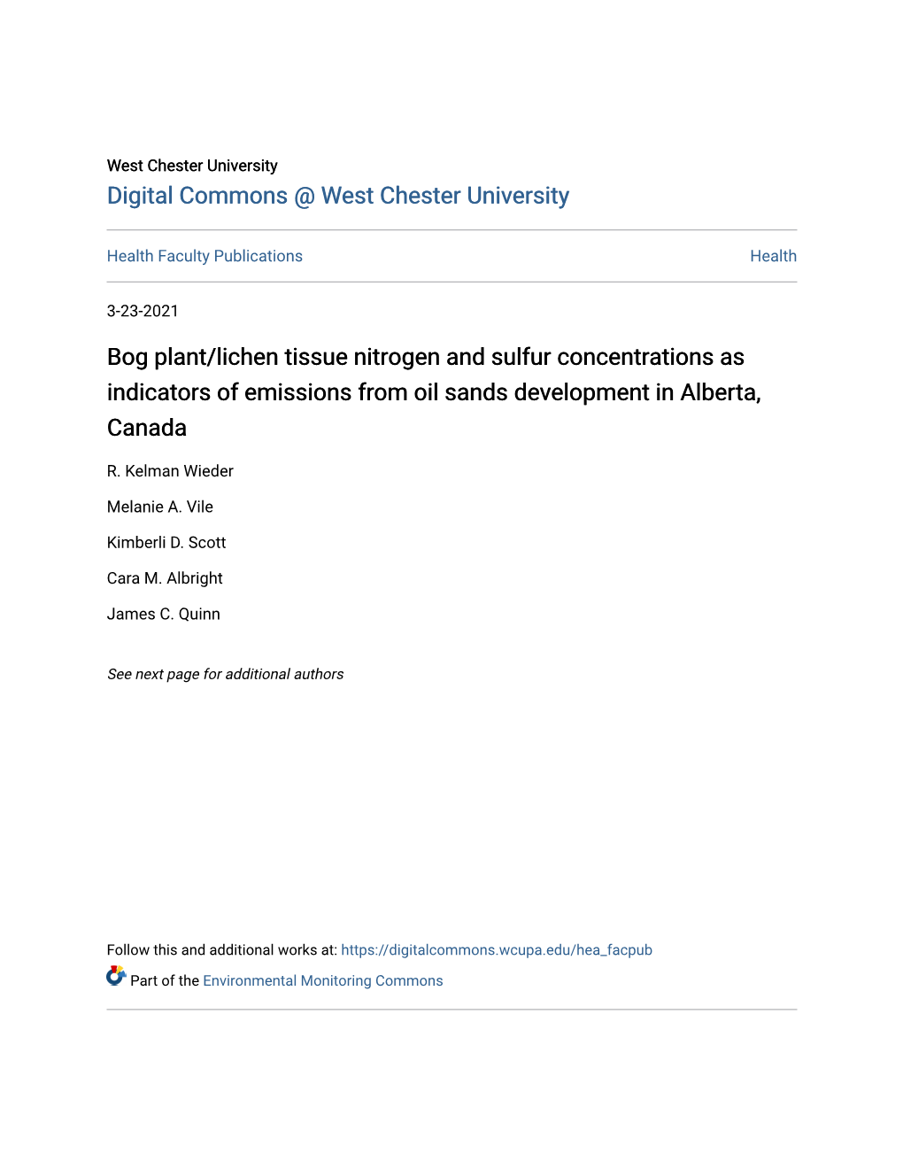 Bog Plant/Lichen Tissue Nitrogen and Sulfur Concentrations As Indicators of Emissions from Oil Sands Development in Alberta, Canada
