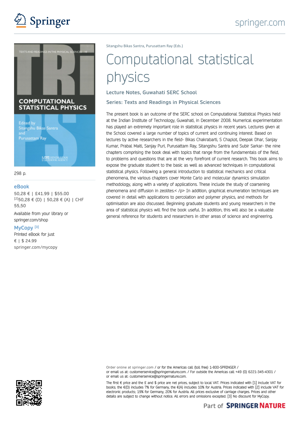 Computational Statistical Physics Lecture Notes, Guwahati SERC School Series: Texts and Readings in Physical Sciences