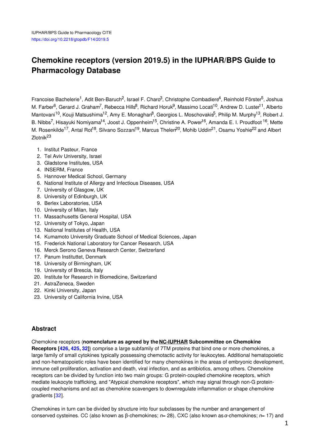 Chemokine Receptors (Version 2019.5) in the IUPHAR/BPS Guide to Pharmacology Database